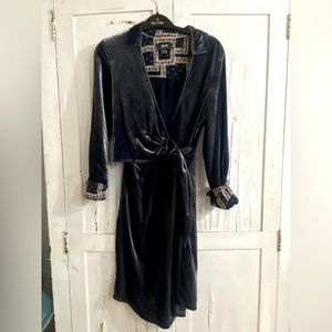 Blue crushed velvet wrap dress with buckle